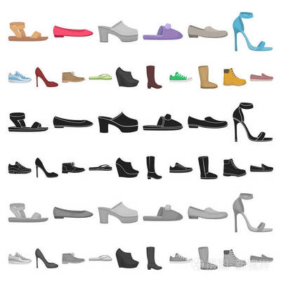 各种鞋类卡通图标集为设计收藏。靴子, 运动鞋矢量符号股票网页插图